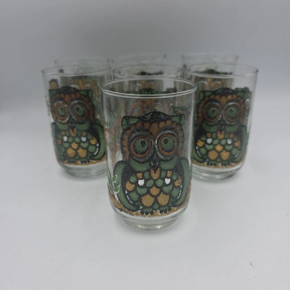 Vintage Libbey Owl Glasses Set Of 7 10 Oz Tumblers Mid Century Barware